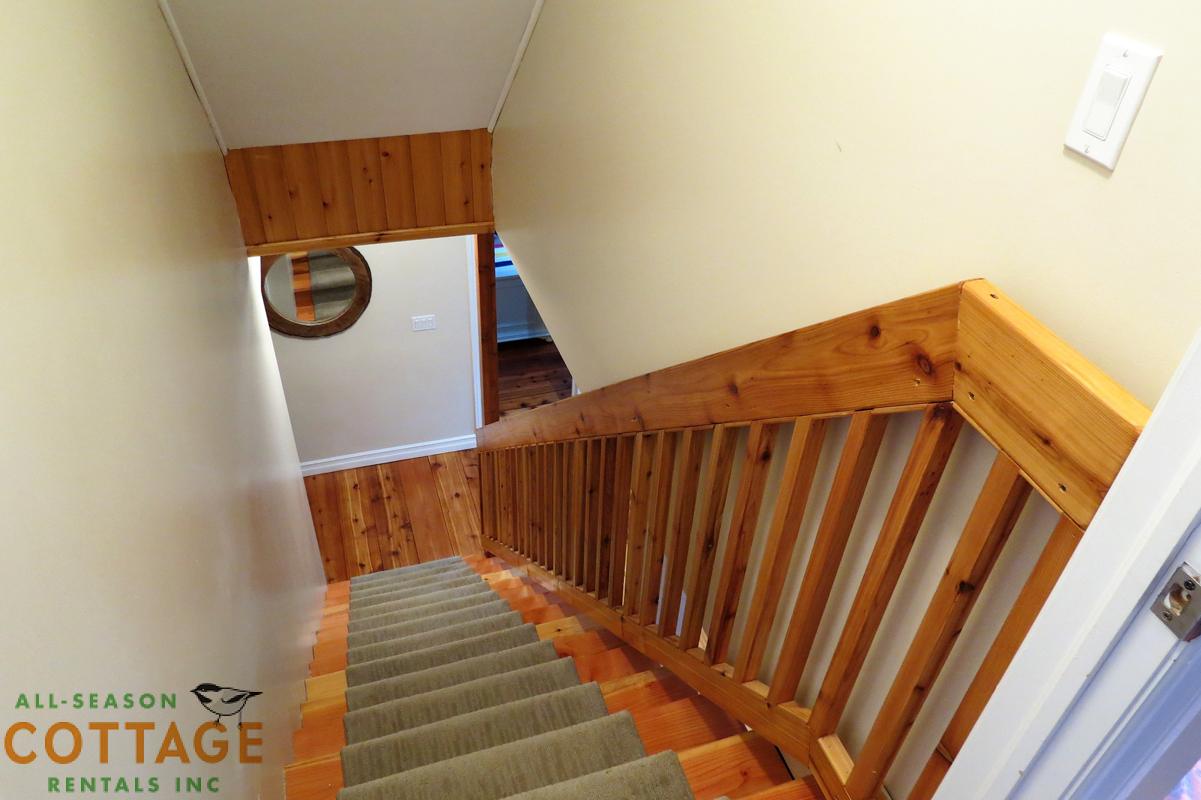Stairs to basement with sturdy handrail